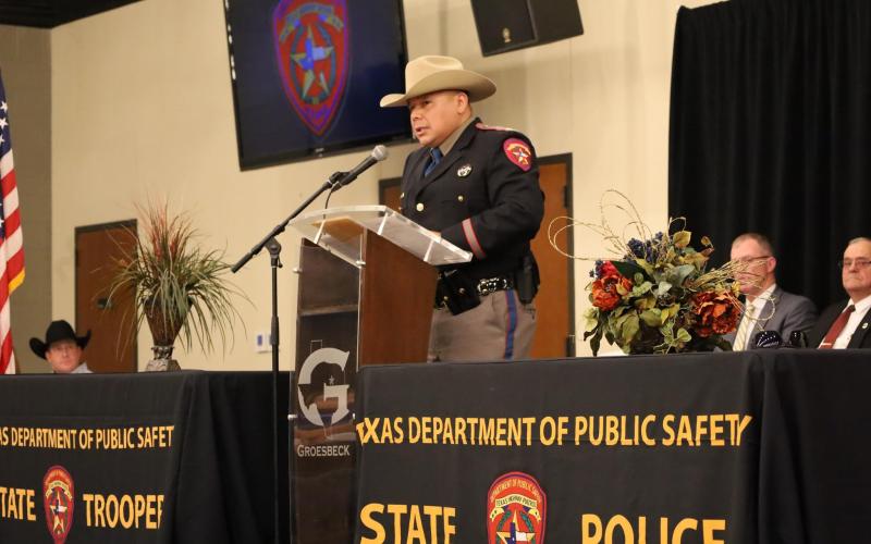 Major Ruben Galindo makes an address at the dedication ceremony held in Groesbeck on Nov. 8 in honor of the late Trooper Chad Walker.  