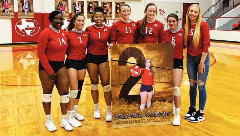 ABOVE: The seniors on Groesbeck’s volleyball team were honored last Friday before their final home match. They are (from left) Amiah Dunn (14), Breann Bradley (7), Kyla Evans (1), Breann Connally (11), Brandi Connally (12), Kayla Menzel (6) and Brooke V Lady Goats take on Rogers in bi-district playoff match