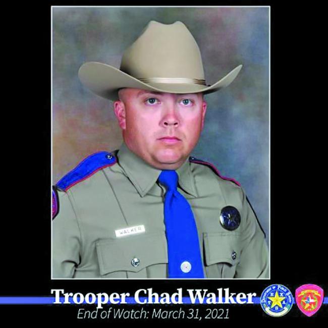 Trooper Chad Walker, 38, died on March 31, 2021, a few days after he was shot while stopping to assist a driver on FM-2838 near U.S. 84 in Limestone County. Walker, who joined DPS in 2015, was stationed in Groesbeck at the time of his death.