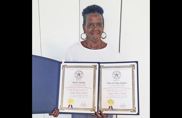 Debbie Wilson McCall shows the certificates she received in recognition of her great grandparents, Horace Sanders and Eliza J. Cotton Sanders, for being one of the First Families of Limestone County. Photo by Jennifer Bynum/The Mexia News