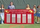 Some of the Groesbeck tennis state qualifiers from over the past 10 years pose for a photo with a state qualifying sign that is now hung at the Groesbeck tennis courts. Photo from Groesbeck Tennis Facebook