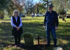 Descendants Nancy McSwane and Cris Morton with the newly installed marker at Bates's gravesite in Fort Parker Cemetery. Photo Courtesy of Cris Morton