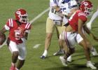 Groesbeck’s Ja’marya Hall sweeps around the end for a big gain against the Rockdale defense, during last Friday night’s homecoming game with the Tigers. Hall finished the game with 22 carries for 176 yards and two touchdowns to lead the Goats offens