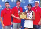 Andie Smith and Blane Sadler made history for Groesbeck High School as the first Goat Mixed Doubles team to win a State Championship. Pictured are Assistant Coach James Brooks, Blane Sadler, Andie Smith, and Head Coach Jim Longbotham. Making History!