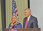Kay Alston, president of the Limestone County Republican Women, is pictured with Congressman Pete Sessions. Limestone County Republican Women sponsored The Reagan Dinner A full house hears speech by Texas Congressman Pete Sessions