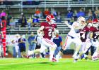 Groesbeck linebacker Coker Holloway (2) returns an interception against Teague on Wednesday night. The Goats defeated Teague 51-41 to clinch a playoff spot. Photo by Angela Crane/For the Groesbeck Journal Article Image Alt Text