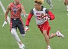 The Goats Brandon Canady tries to sprint past a Teague defender during the teams 7-on-7 game last Tuesday in Teague. The Goats are currently competing in the 7-on-7 league, which plays games on Tuesday evening in Lions Stadium in Teague. Article Image Alt Text