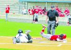 Groesbeck’s Dylan Rand lands face down after diving towards home plate in the opening inning of Game 1 of the Goats bi-district playoff series with the Franklin Lions. Rand was safe after the ball popped out of the catcher’s glove, giving the Goats and early 1-0 lead. Photo by Stephen R. Farris