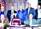 Members of the Knights of Columbus present a $600 donation to the Limestone County commissioners court at its Jan. 23 meeting. The gift was for the Sheriff’s Office to pay for a bullet-proof vest. Shown here, standing l-r, are Sheriff Dennis Wilson, Dennis Dornak, County Judge Daniel Burkeen, Edmund Schuster, John Schaefer, George Satsky and Leo McGilvray; seated, l-r, are Commissioners Bobby Forrest, Jerry Allen, W.A. ‘Sonny’ Baker and John McCarver. Photo by Roxanne Thompson/The Mexia News