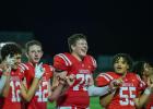 Groesbeck lineman Colton Cordova (78) reacts to the Goats' 35-7 victory over McGregor on Friday night, Sept. 1, during a postgame celebration. Also celebrating, from left, are Nick Liscano (12), Elijah Vanek (42) and Tony King (55). Photo by Nuno Selvera/For The Groesbeck Journal
