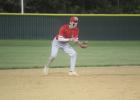 Groesbeck shortstop Kovan Ferguson is down and ready for the ball to come his way during a game at Fairfield on Tuesday, March 26. The Goats squeaked out a 6-5 win. They entered this week tied for second place in District 20-3A with a 5-2 record. Photo by Mitchell Pate/Groesbeck Journal Article Image Alt Text