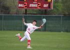 Groesbeck right fielder Jaxon Jones tracks a fly ball during a game against Mexia at Groesbeck on Saturday, March 23. Jones had a two-run single to tie the game in the sixth inning as the Goats rallied for a 5-4 win and took over sole possession of second place in District 20-3A. Photo by Skip Leon/The Groesbeck Journal Article Image Alt Text
