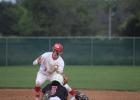 Groesbeck shortstop Kovan Ferguson (3) takes the throw as Mexia's Nate Burns (5) steals second base in the sixth inning of a game at Groesbeck on Saturday, March 23. The Goats edged Mexia, 5-4, in a battle for secod place in the district. Photo by Skip Leon/The Groesbeck Journal Article Image Alt Text
