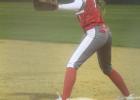 Emily Ellison plays first base for Groesbeck against Fairfield on Tuesay, March 26. Ellison had two hits and scored three runs as the Lady Goats pounded out 21 hits in a 17-7 victory. Photo by Mitchell Pate/Groesbeck Journal Article Image Alt Text