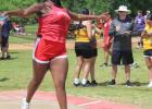 C’arra Williams throws the discus 81’11” at the district track meet in Fairfield. Photo by Mitchell Pate/Groesbeck Journal