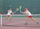 Groesbeck’s Hannah DeFriend and Josie Wells work the net during their state quarterfinals match last week at the Class 3A State Tennis Tournament held at Texas A&M. Photo courtesy of Kirk Hazlip