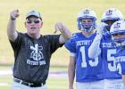Groesbeck head football coach, Steve Hale, was just as animated on the sidelines for the Blue team coaching staff at the Ninth Annual Heart of Texas FCA Victory Bowl held Saturday at Waco ISD Stadium, as he is during the regular season at Goats football games. Photo by Stephen R. Farris/Journal Sports